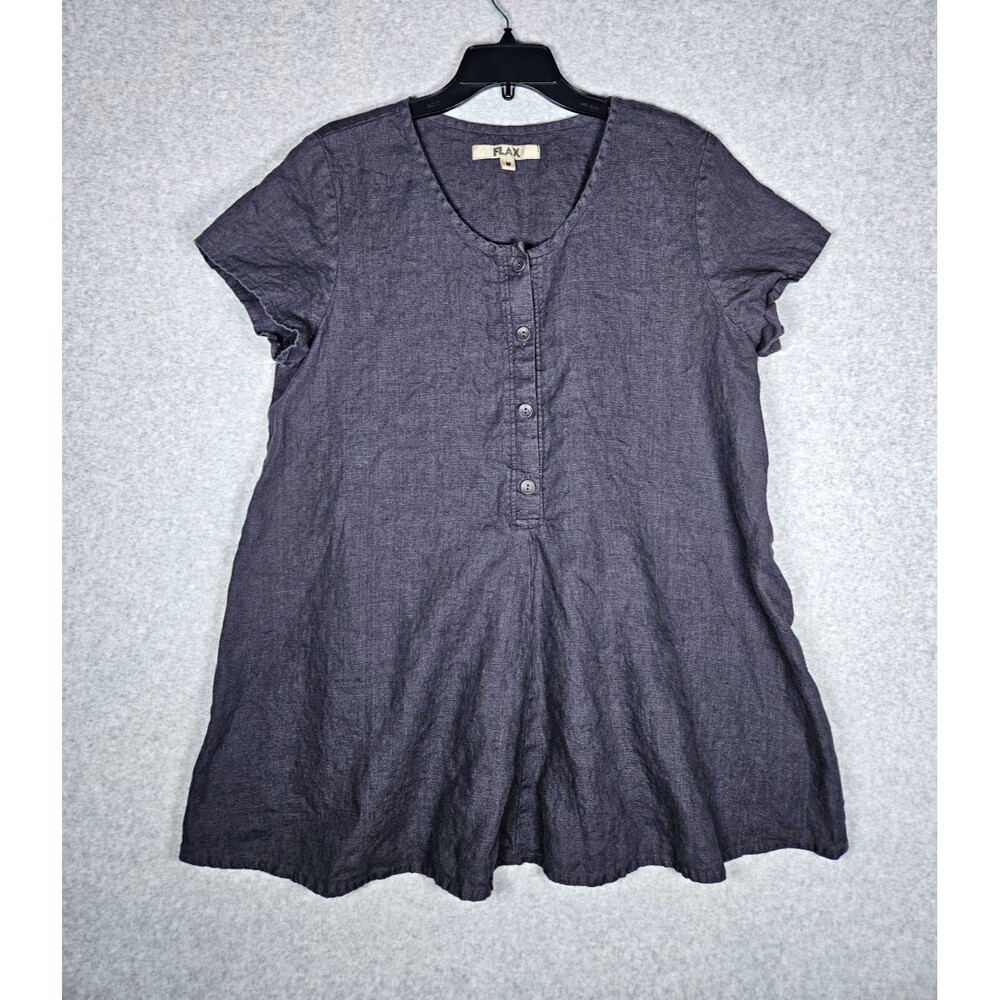 FLAX 100% Linen Tunic Top Womens M Gray Henley Short Sleeve Slub Lagenlook Boho